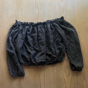 Brandy Meliville black off the shoulder top